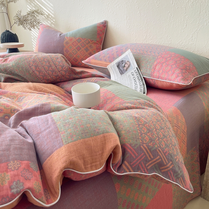 91家纺网 家纺一手货源 找家纺 春皖家纺 2026新款提花双层纱纯棉全棉四件套 思菱·粉玉