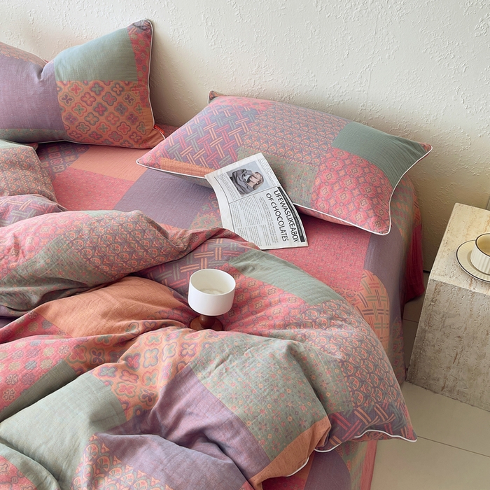 91家纺网 家纺一手货源 找家纺 春皖家纺 2026新款提花双层纱纯棉全棉四件套 思菱·粉玉