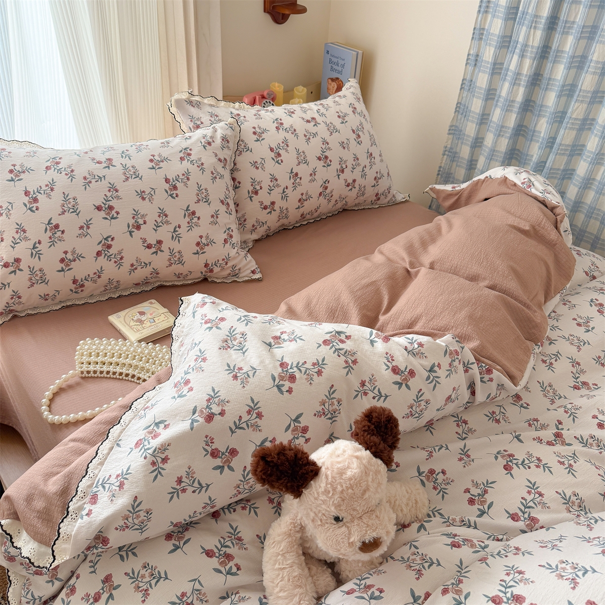 91家纺网 家纺一手货源 找家纺 （总）温眠家纺 2026新款针织提花双层纱全棉蕾丝花边四件套