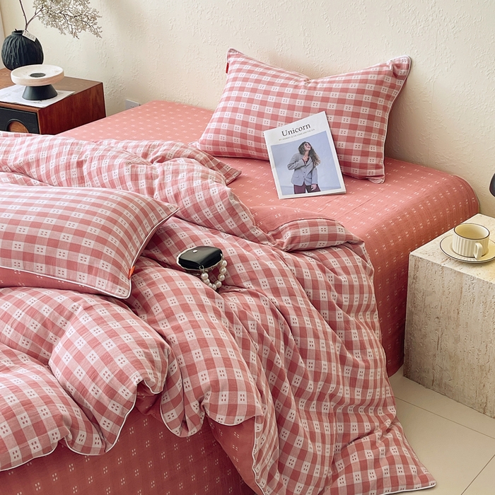 91家纺网 家纺一手货源 找家纺 春皖家纺 2026新款提花双层纱纯棉全棉四件套 思柔-粉红