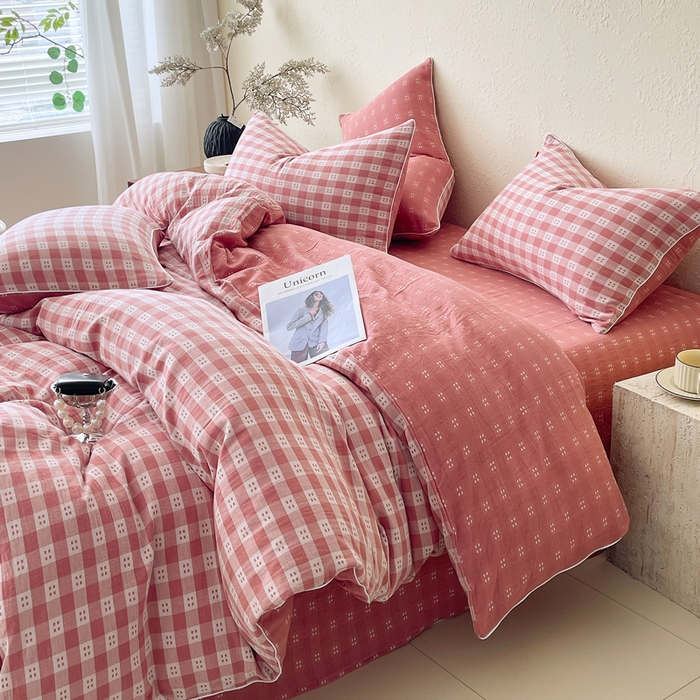 91家纺网 家纺一手货源 找家纺 春皖家纺 2026新款提花双层纱纯棉全棉四件套 思柔-粉红