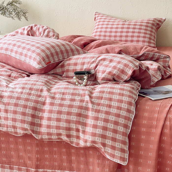 91家纺网 家纺一手货源 找家纺 春皖家纺 2026新款提花双层纱纯棉全棉四件套 思柔-粉红