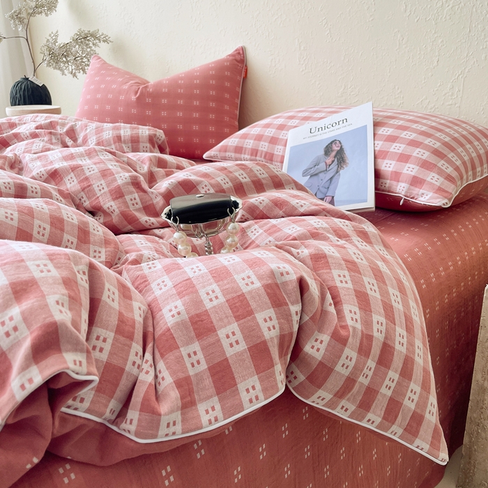 91家纺网 家纺一手货源 找家纺 春皖家纺 2026新款提花双层纱纯棉全棉四件套 思柔-粉红