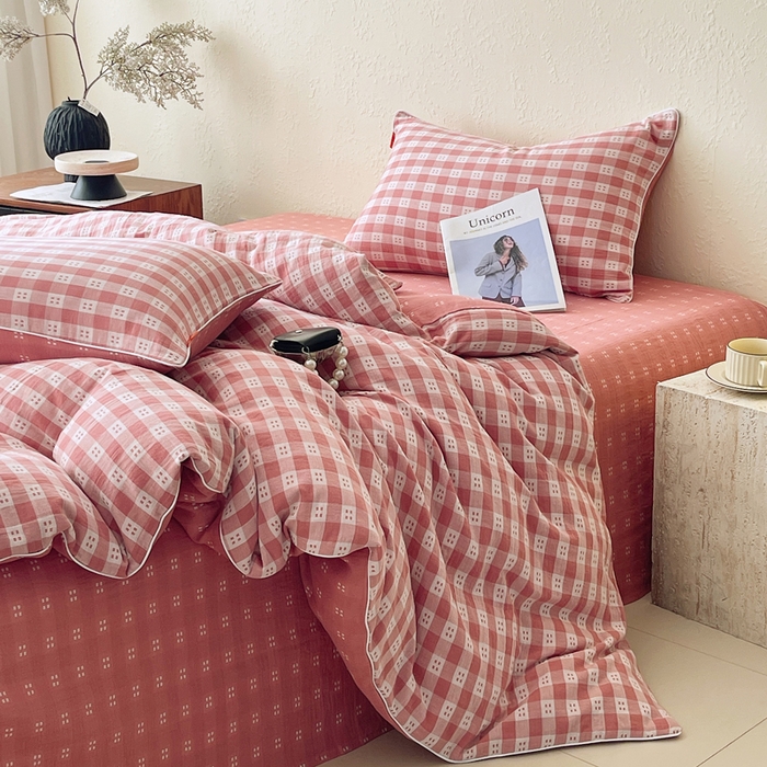 91家纺网 家纺一手货源 找家纺 春皖家纺 2026新款提花双层纱纯棉全棉四件套 思柔-粉红