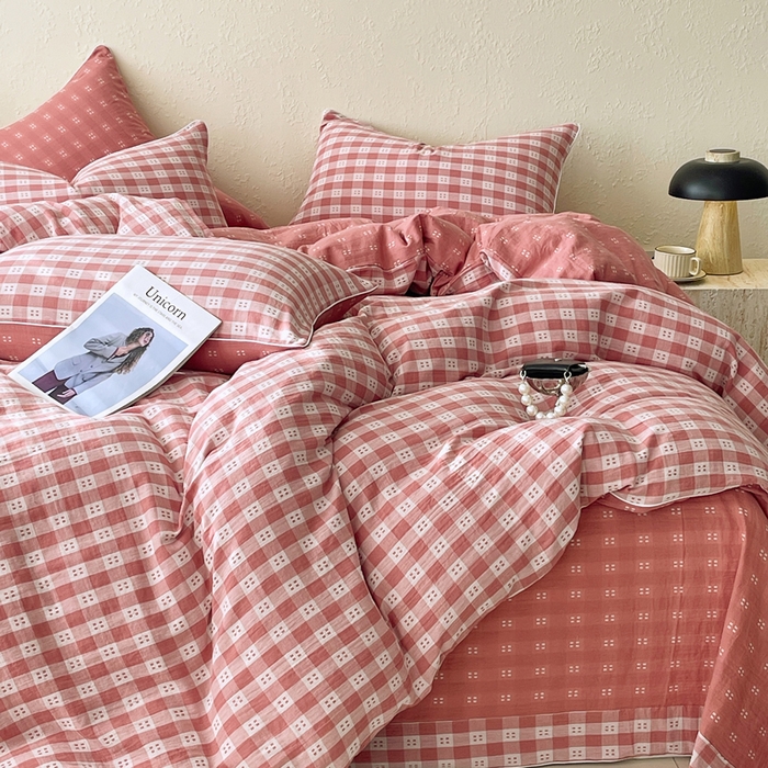 91家纺网 家纺一手货源 找家纺 春皖家纺 2026新款提花双层纱纯棉全棉四件套 思柔-粉红