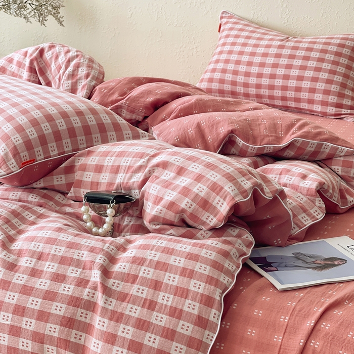91家纺网 家纺一手货源 找家纺 春皖家纺 2026新款提花双层纱纯棉全棉四件套 思柔-粉红