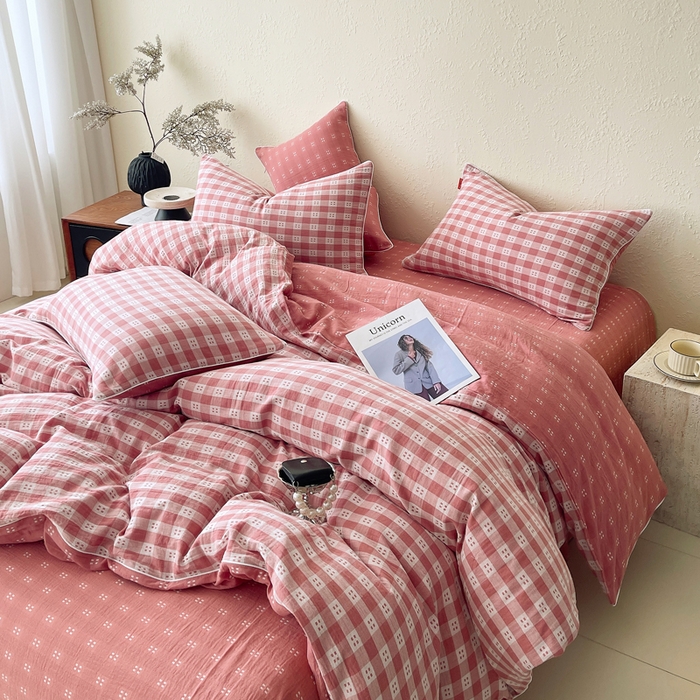 91家纺网 家纺一手货源 找家纺 春皖家纺 2026新款提花双层纱纯棉全棉四件套 思柔-粉红