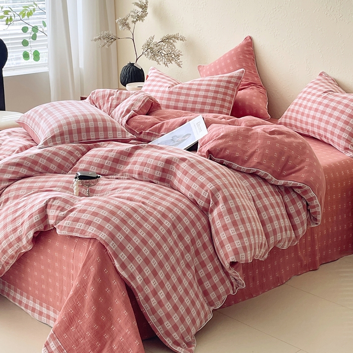 91家纺网 家纺一手货源 找家纺 春皖家纺 2026新款提花双层纱纯棉全棉四件套 思柔-粉红