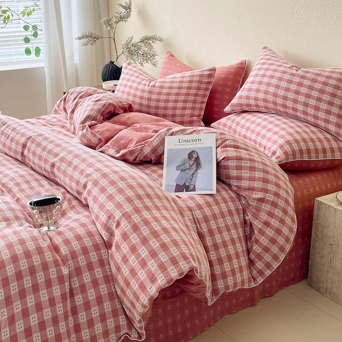 91家纺网 家纺一手货源 找家纺 春皖家纺 2026新款提花双层纱纯棉全棉四件套 思柔-粉红