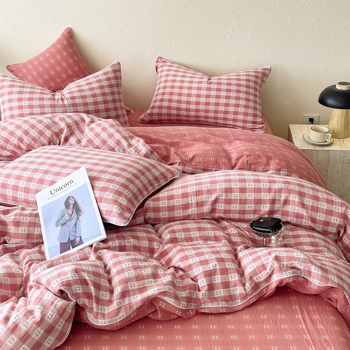 91家纺网 家纺一手货源 找家纺 春皖家纺 2026新款提花双层纱纯棉全棉四件套 思柔-粉红