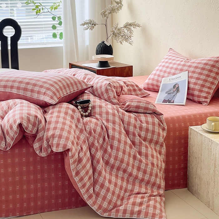 91家纺网 家纺一手货源 找家纺 春皖家纺 2026新款提花双层纱纯棉全棉四件套 思柔-粉红