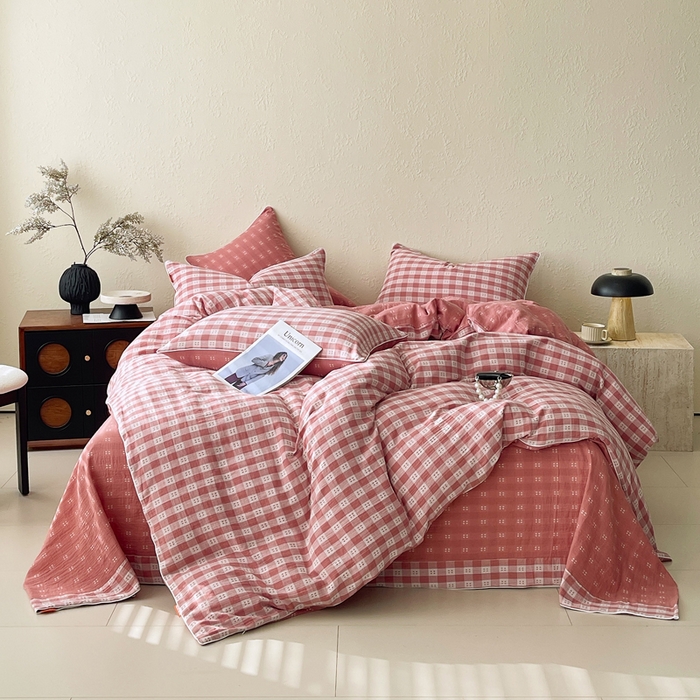 91家纺网 家纺一手货源 找家纺 春皖家纺 2026新款提花双层纱纯棉全棉四件套 思柔-粉红