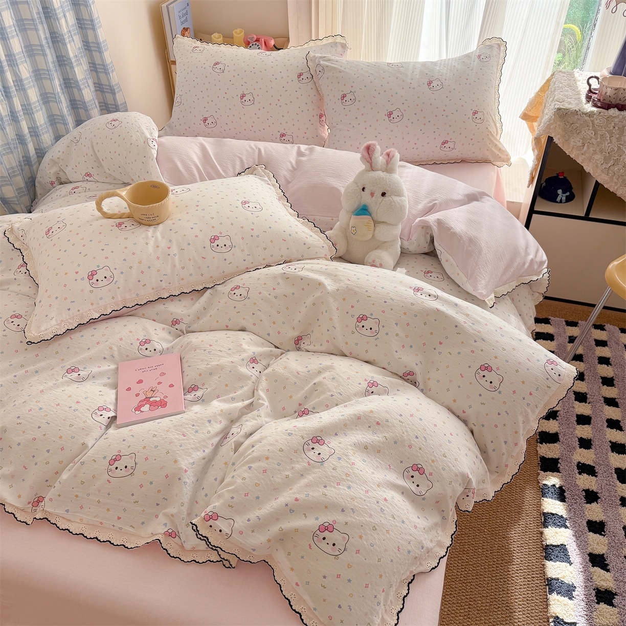 91家纺网 家纺一手货源 找家纺 （总）温眠家纺 2026新款针织提花双层纱全棉蕾丝花边四件套