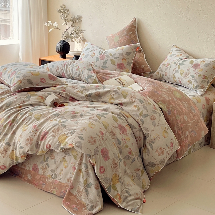 91家纺网 家纺一手货源 找家纺 春皖家纺 2026新款提花双层纱纯棉全棉四件套 稔秋