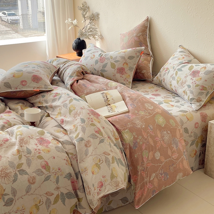 91家纺网 家纺一手货源 找家纺 春皖家纺 2026新款提花双层纱纯棉全棉四件套 稔秋