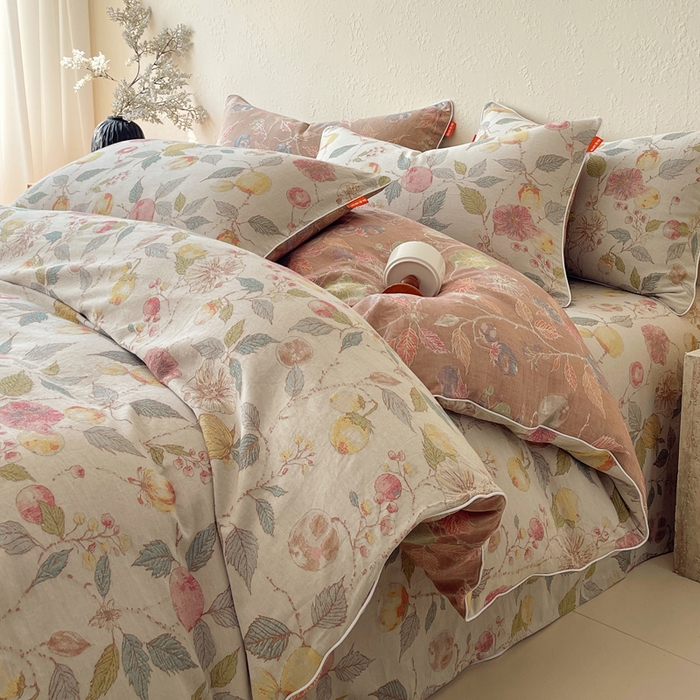 91家纺网 家纺一手货源 找家纺 春皖家纺 2026新款提花双层纱纯棉全棉四件套 稔秋