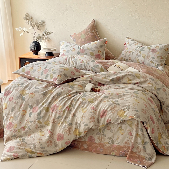 91家纺网 家纺一手货源 找家纺 春皖家纺 2026新款提花双层纱纯棉全棉四件套 稔秋