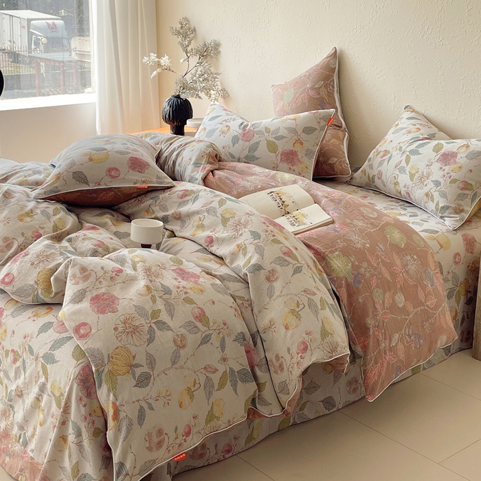 91家纺网 家纺一手货源 找家纺 春皖家纺 2026新款提花双层纱纯棉全棉四件套 稔秋