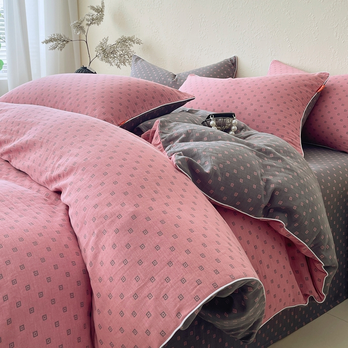 春皖家纺 2026新款提花双层纱纯棉全棉四件套 回家-粉灰