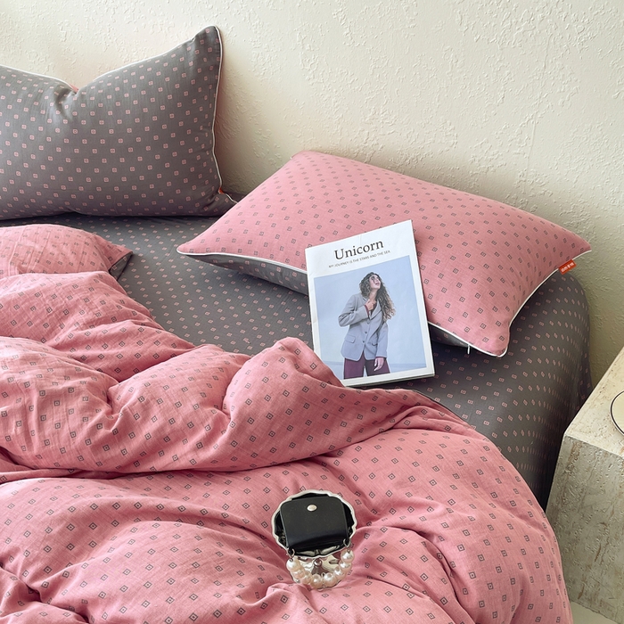 91家纺网 家纺一手货源 找家纺 春皖家纺 2026新款提花双层纱纯棉全棉四件套 回家-粉灰