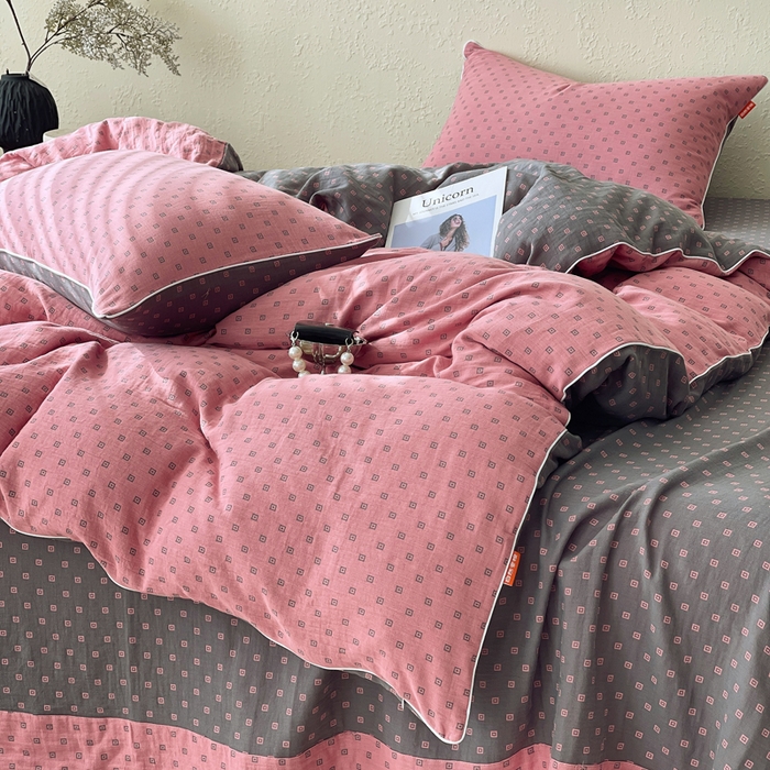 91家纺网 家纺一手货源 找家纺 春皖家纺 2026新款提花双层纱纯棉全棉四件套 回家-粉灰