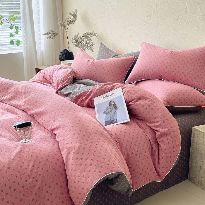 91家纺网 家纺一手货源 找家纺 春皖家纺 2026新款提花双层纱纯棉全棉四件套 回家-粉灰