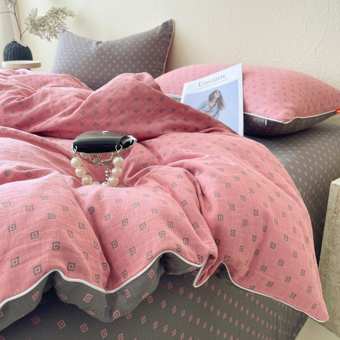 91家纺网 家纺一手货源 找家纺 春皖家纺 2026新款提花双层纱纯棉全棉四件套 回家-粉灰