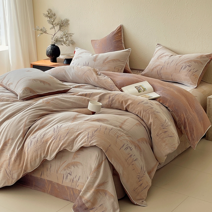 91家纺网 家纺一手货源 找家纺 春皖家纺 2026新款提花双层纱纯棉全棉四件套 瑾璃