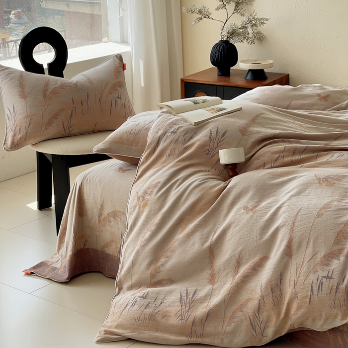 91家纺网 家纺一手货源 找家纺 春皖家纺 2026新款提花双层纱纯棉全棉四件套 瑾璃