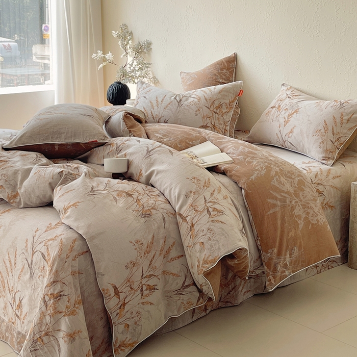 91家纺网 家纺一手货源 找家纺 春皖家纺 2026新款提花双层纱纯棉全棉四件套 金穗