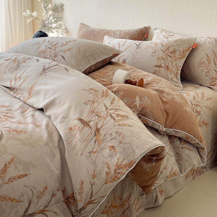 91家纺网 家纺一手货源 找家纺 春皖家纺 2026新款提花双层纱纯棉全棉四件套 金穗