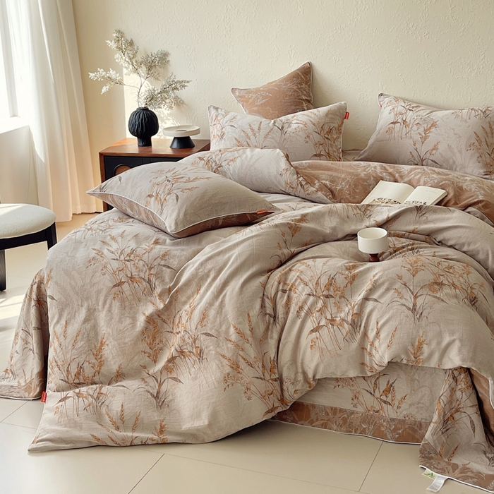 91家纺网 家纺一手货源 找家纺 春皖家纺 2026新款提花双层纱纯棉全棉四件套 金穗