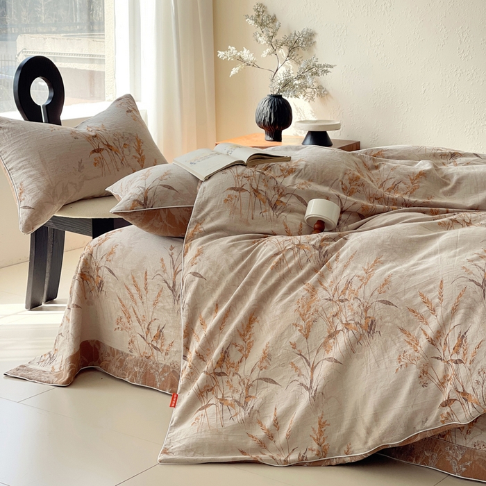 91家纺网 家纺一手货源 找家纺 春皖家纺 2026新款提花双层纱纯棉全棉四件套 金穗