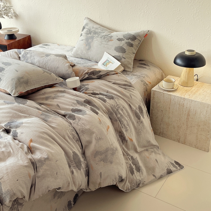 91家纺网 家纺一手货源 找家纺 春皖家纺 2026新款提花双层纱纯棉全棉四件套 荷芷