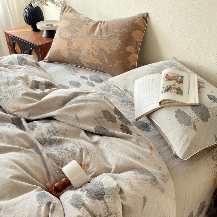 91家纺网 家纺一手货源 找家纺 春皖家纺 2026新款提花双层纱纯棉全棉四件套 荷芷