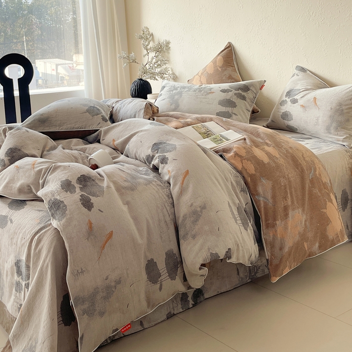 91家纺网 家纺一手货源 找家纺 春皖家纺 2026新款提花双层纱纯棉全棉四件套 荷芷