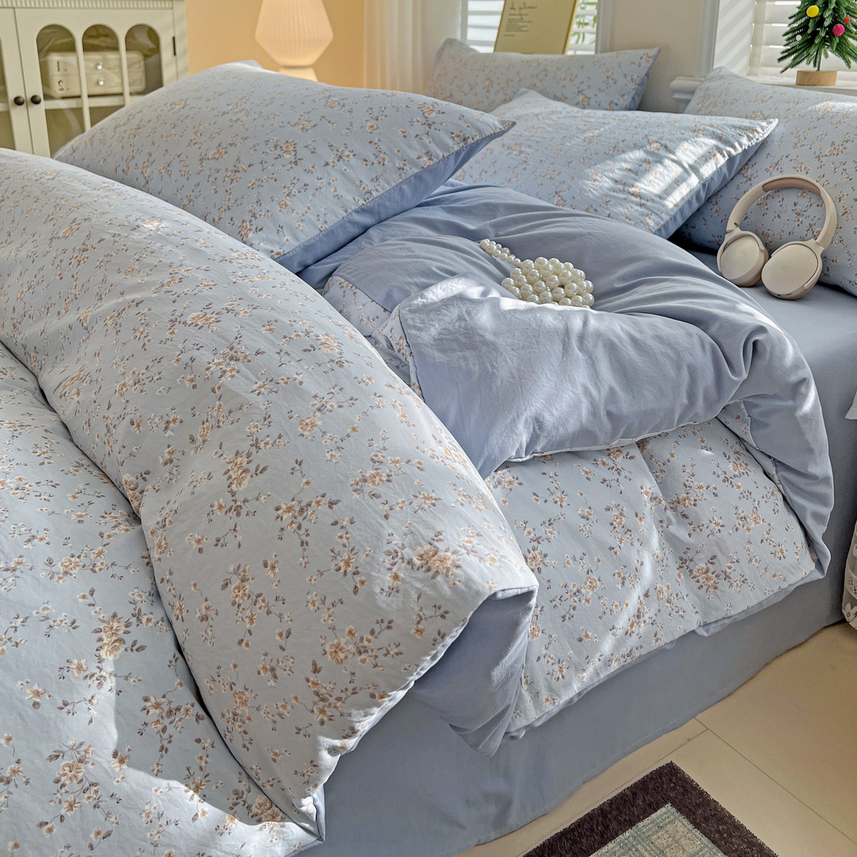 91家纺网 家纺一手货源 找家纺 温眠家纺 2026新款A类古法水洗仿棉云感棉加厚四件套 海棠碎影