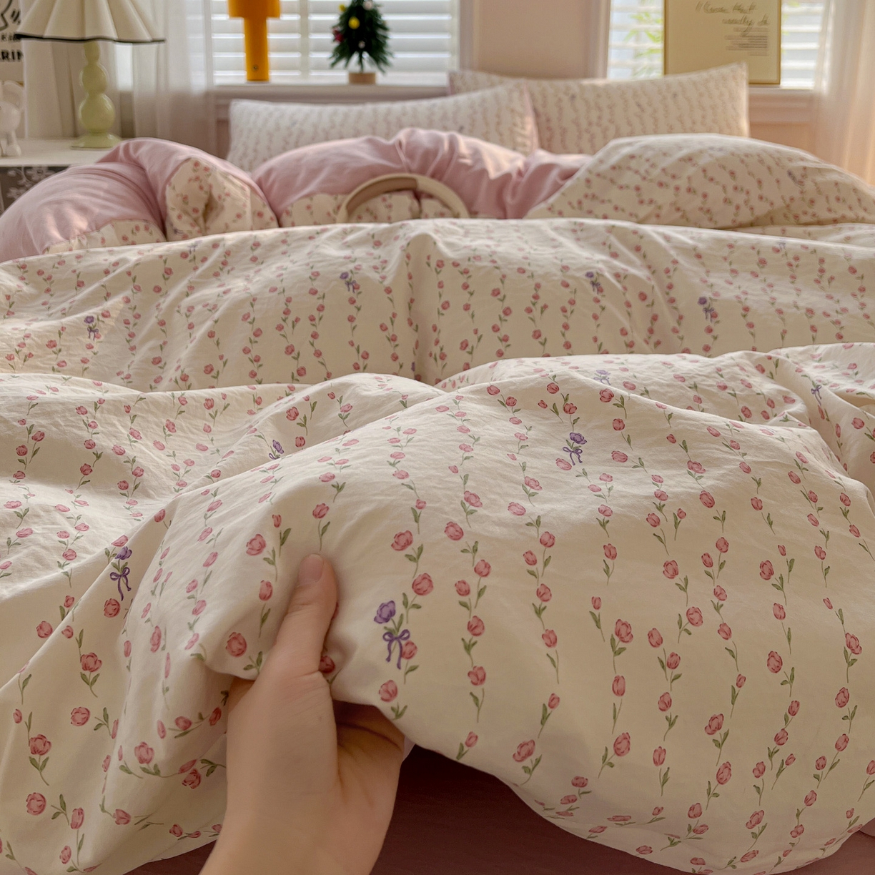 91家纺网 家纺一手货源 找家纺 温眠家纺 2026新款A类古法水洗仿棉云感棉加厚四件套 花梦蔓