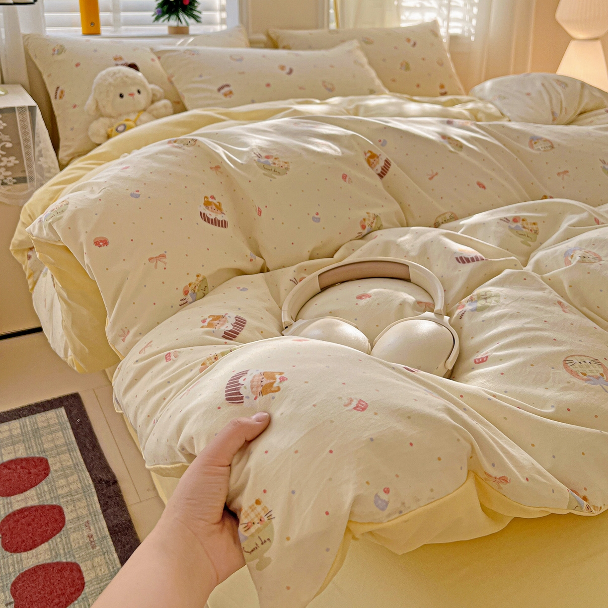 91家纺网 家纺一手货源 找家纺 温眠家纺 2026新款A类古法水洗仿棉云感棉加厚四件套 蛋糕猫咪