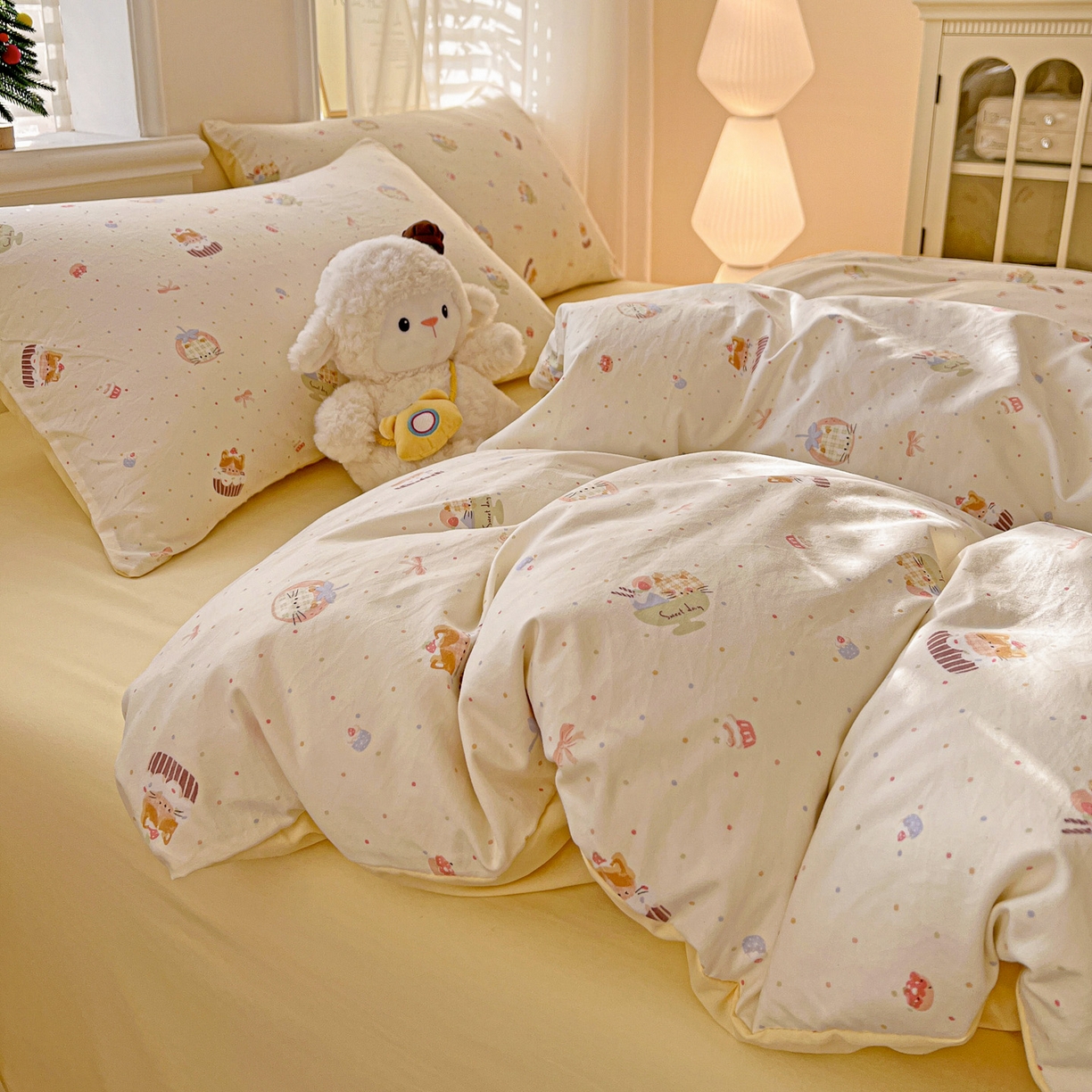 91家纺网 家纺一手货源 找家纺 温眠家纺 2026新款A类古法水洗仿棉云感棉加厚四件套 蛋糕猫咪