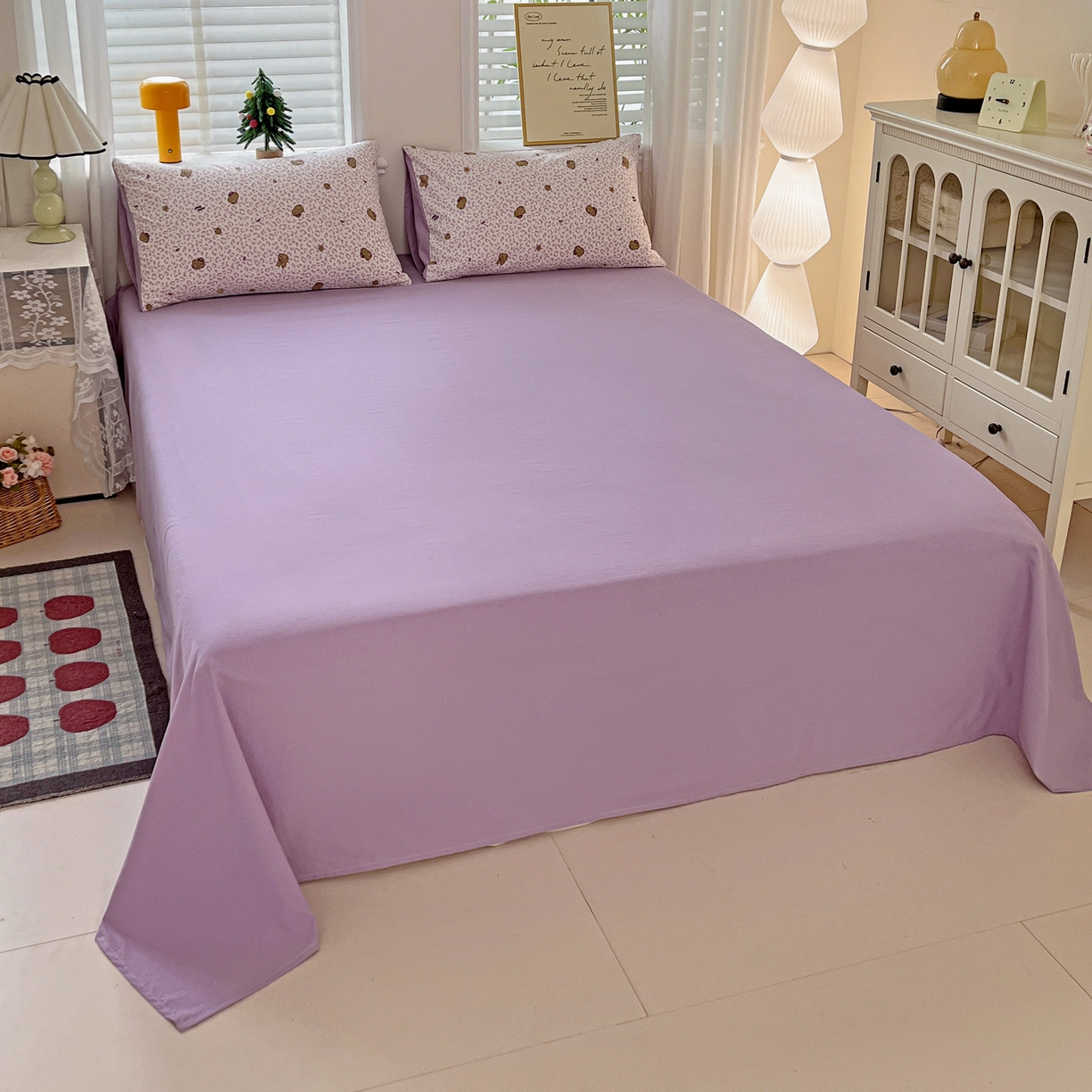 91家纺网 家纺一手货源 找家纺 温眠家纺 2026新款A类古法水洗仿棉云感棉加厚四件套 豹纹猫咪-紫