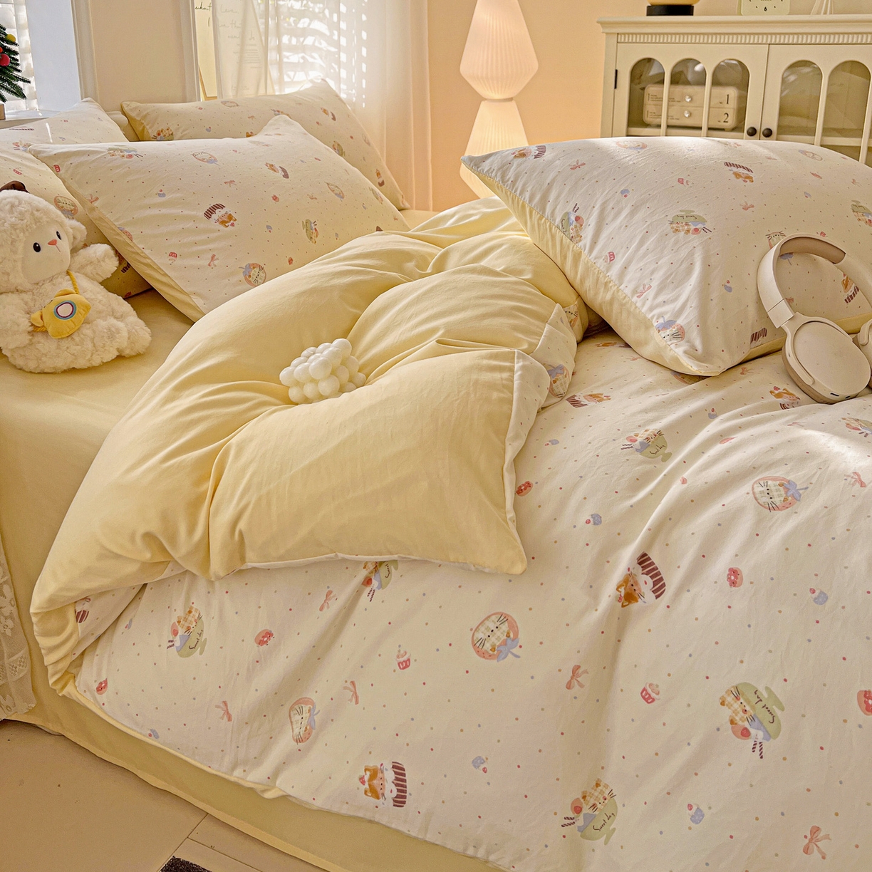 91家纺网 家纺一手货源 找家纺 温眠家纺 2026新款A类古法水洗仿棉云感棉加厚四件套 蛋糕猫咪