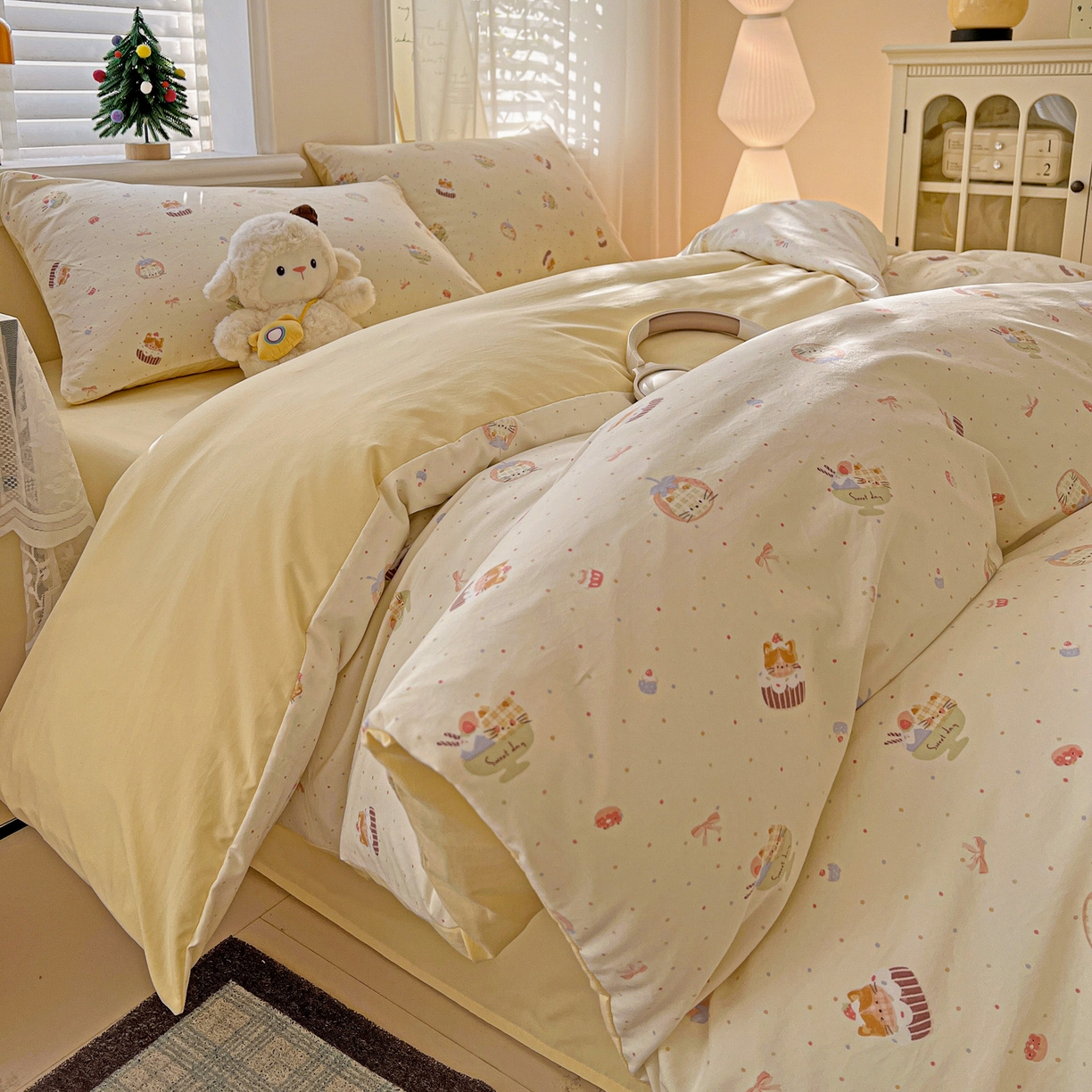 91家纺网 家纺一手货源 找家纺 温眠家纺 2026新款A类古法水洗仿棉云感棉加厚四件套 蛋糕猫咪