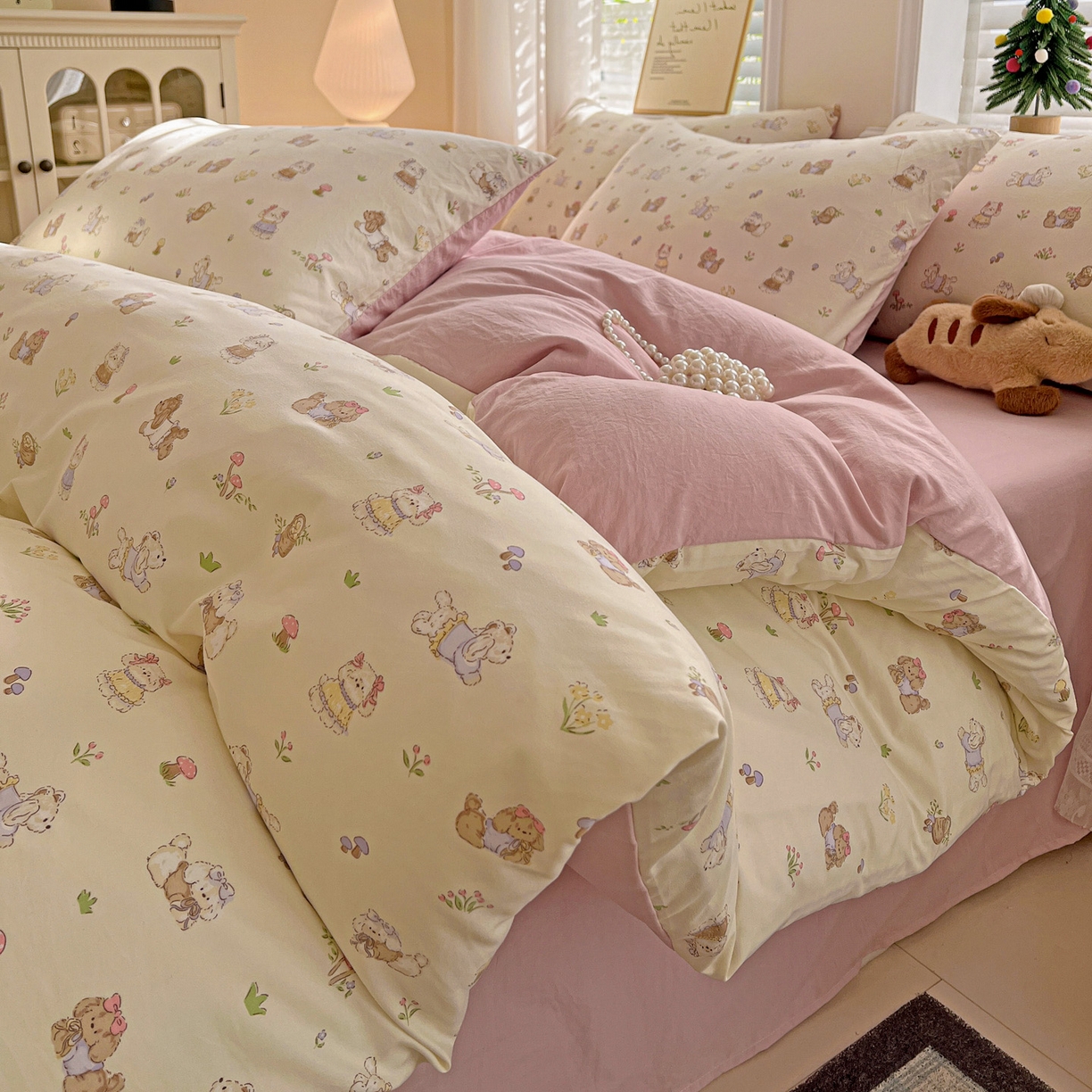 温眠家纺 2026新款A类古法水洗仿棉云感棉加厚四件套 花园小狗