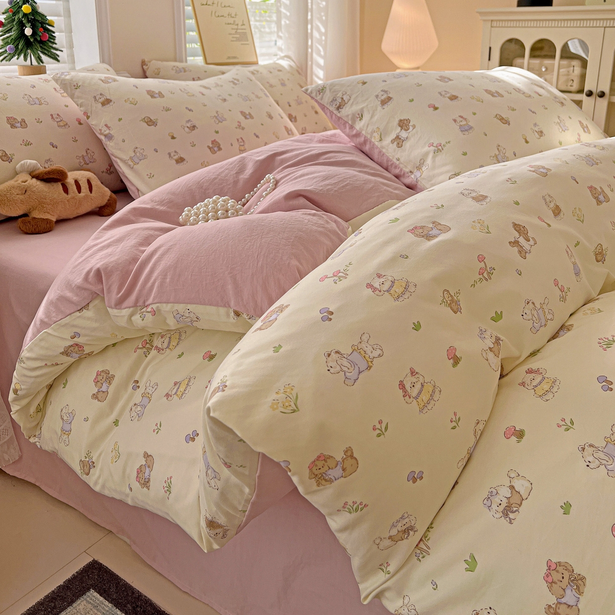 91家纺网 家纺一手货源 找家纺 温眠家纺 2026新款A类古法水洗仿棉云感棉加厚四件套 花园小狗