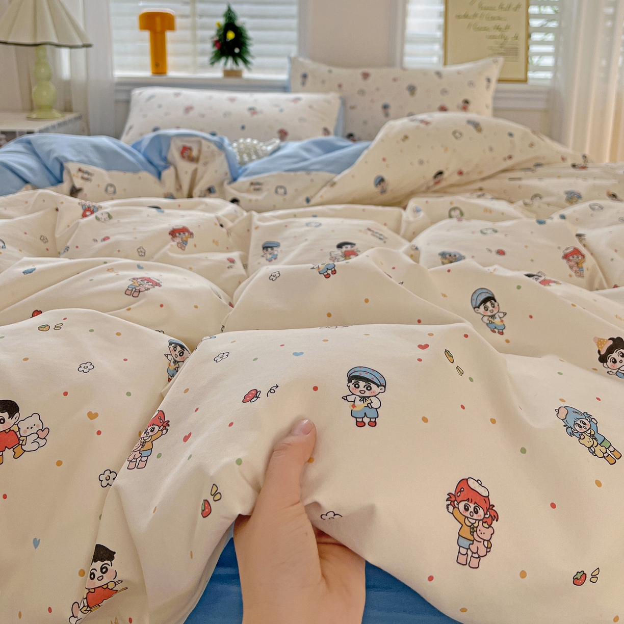 91家纺网 家纺一手货源 找家纺 温眠家纺 2026新款A类古法水洗仿棉云感棉加厚四件套 童趣甜日