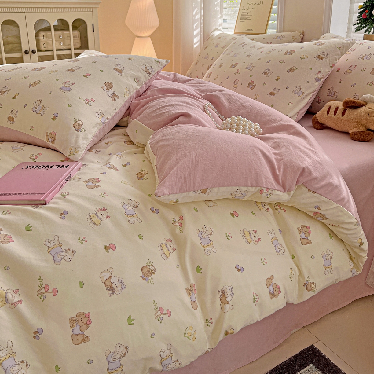 91家纺网 家纺一手货源 找家纺 温眠家纺 2026新款A类古法水洗仿棉云感棉加厚四件套 花园小狗