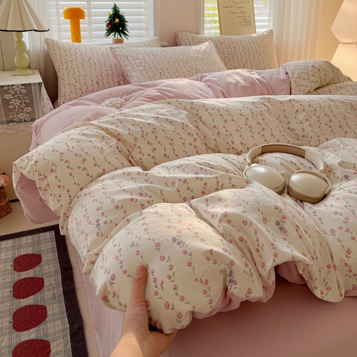 91家纺网 家纺一手货源 找家纺 温眠家纺 2026新款A类古法水洗仿棉云感棉加厚四件套 花梦蔓