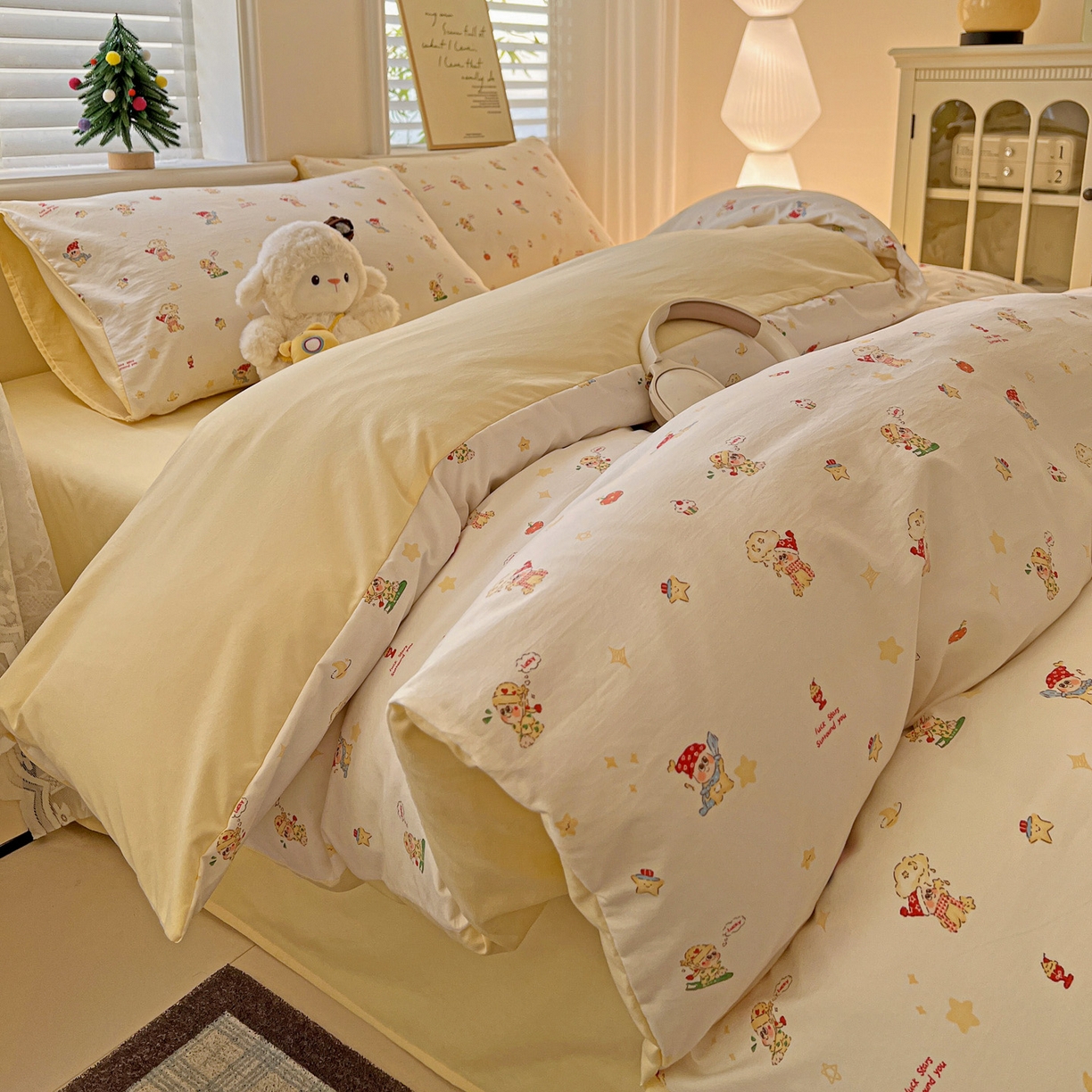 91家纺网 家纺一手货源 找家纺 温眠家纺 2026新款A类古法水洗仿棉云感棉加厚四件套 星星人