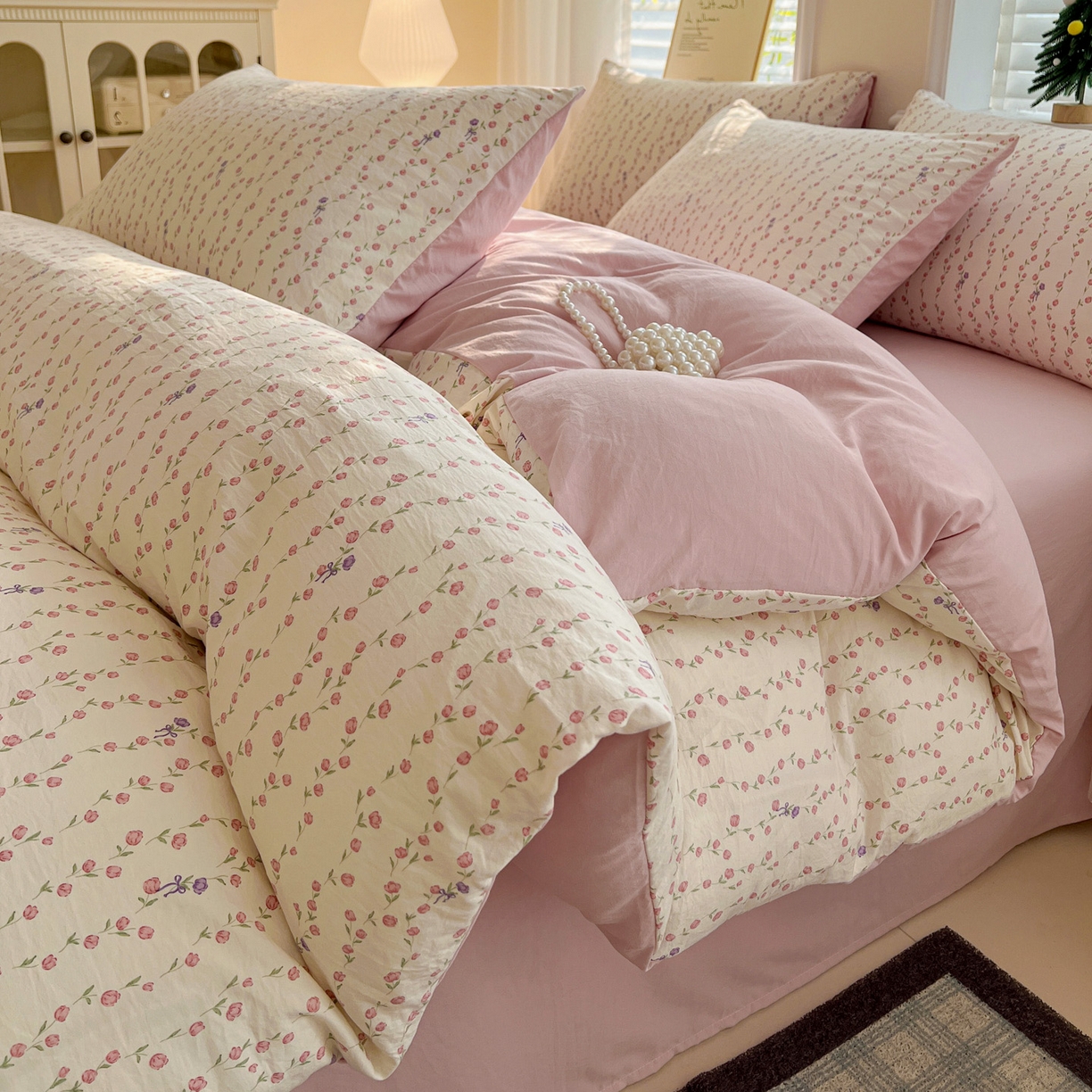 温眠家纺 2026新款A类古法水洗仿棉云感棉加厚四件套 花梦蔓